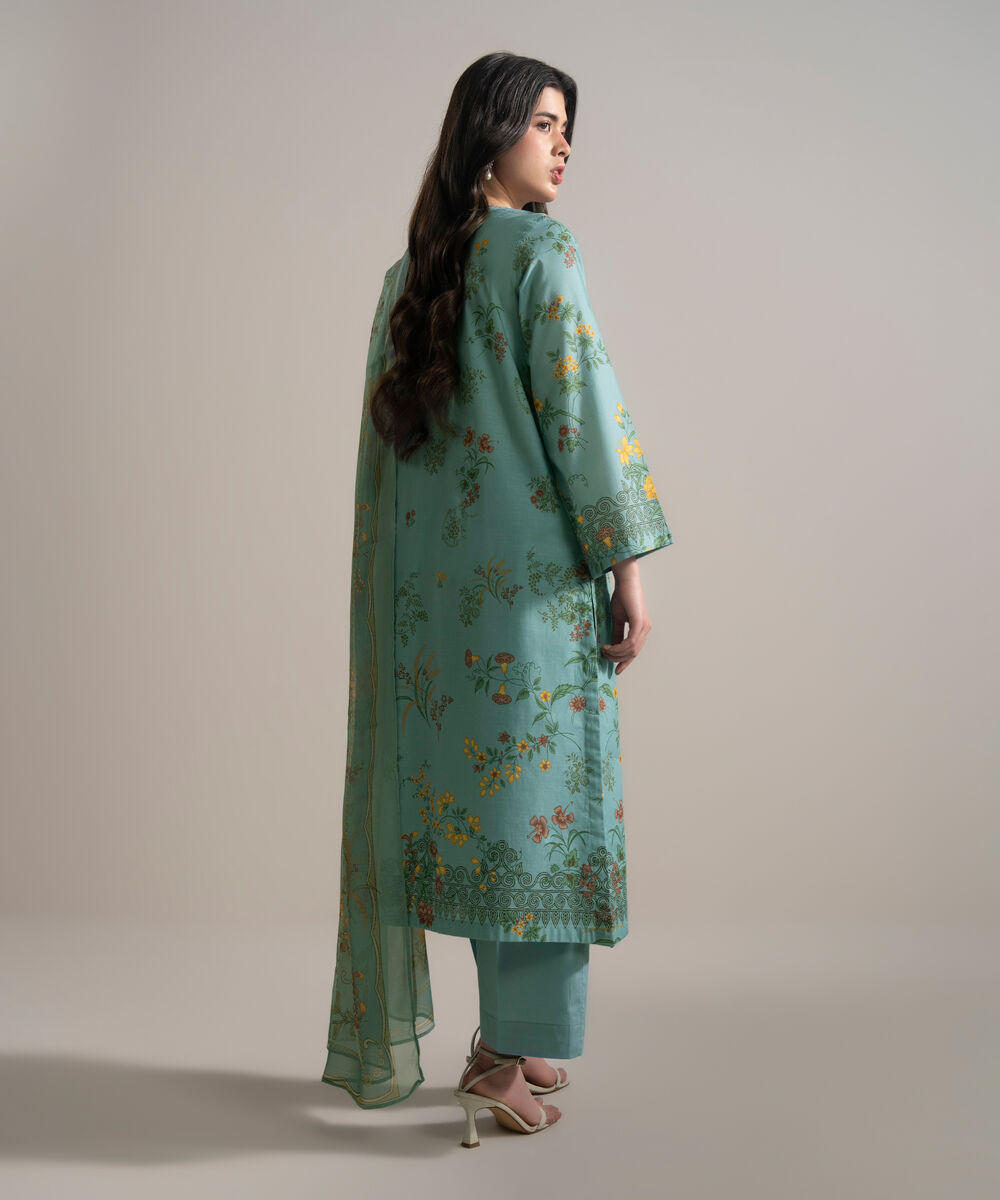 Women's RTW Slub Lawn Embroidered Blue 3 Piece Suit