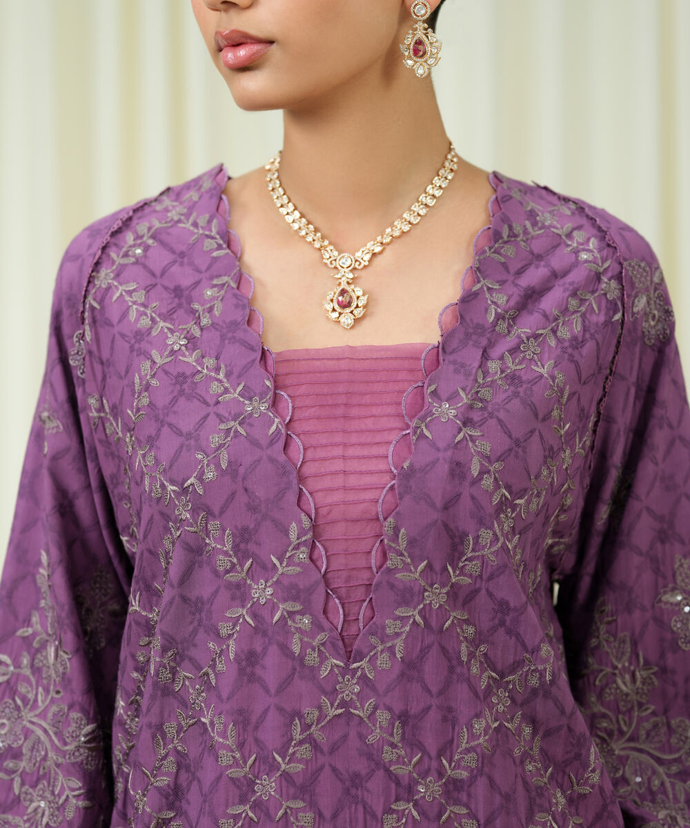 Women's Unstitched Linen Jacquard Embroidered Purple 3 Piece Suit