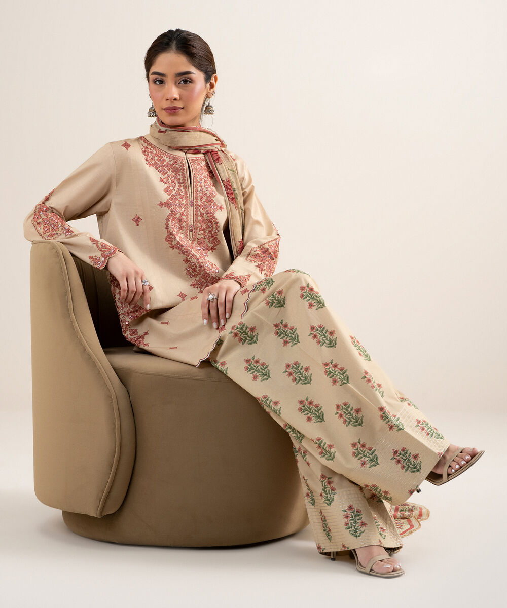 Women's Unstitched Textured Lawn Embroidered Beige 3 Piece Suit