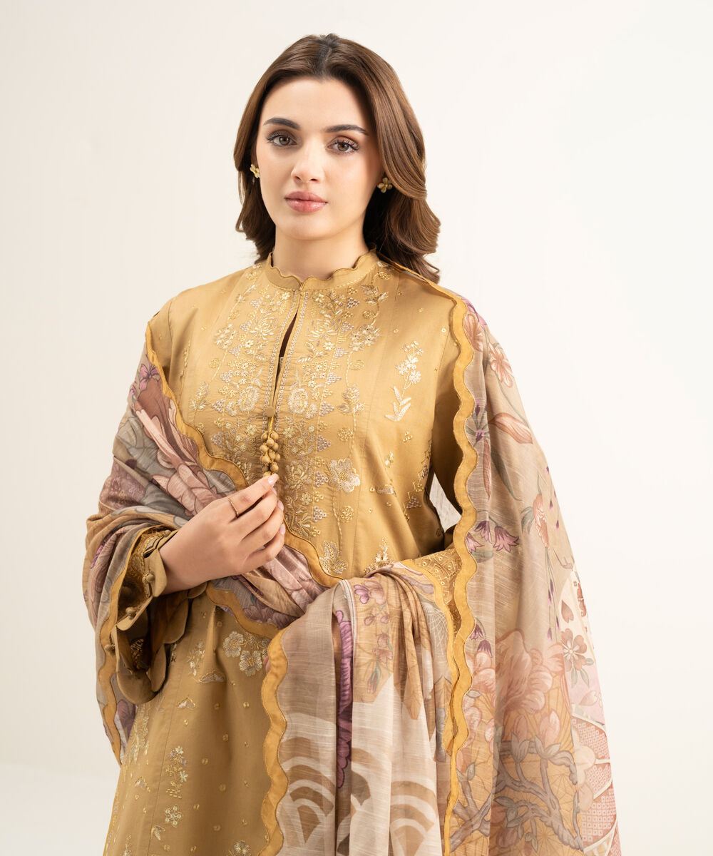 Women's Unstitched Textured Lawn Brown Embroidered 3 Piece Suit