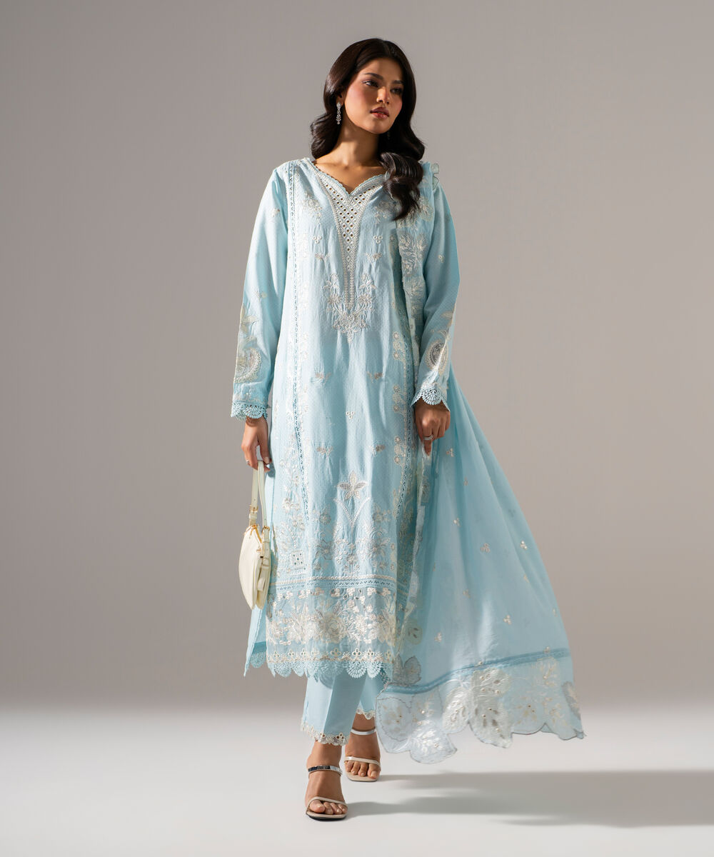 Women's RTW Dobby Solid Embroidered Blue 3 Piece Suit