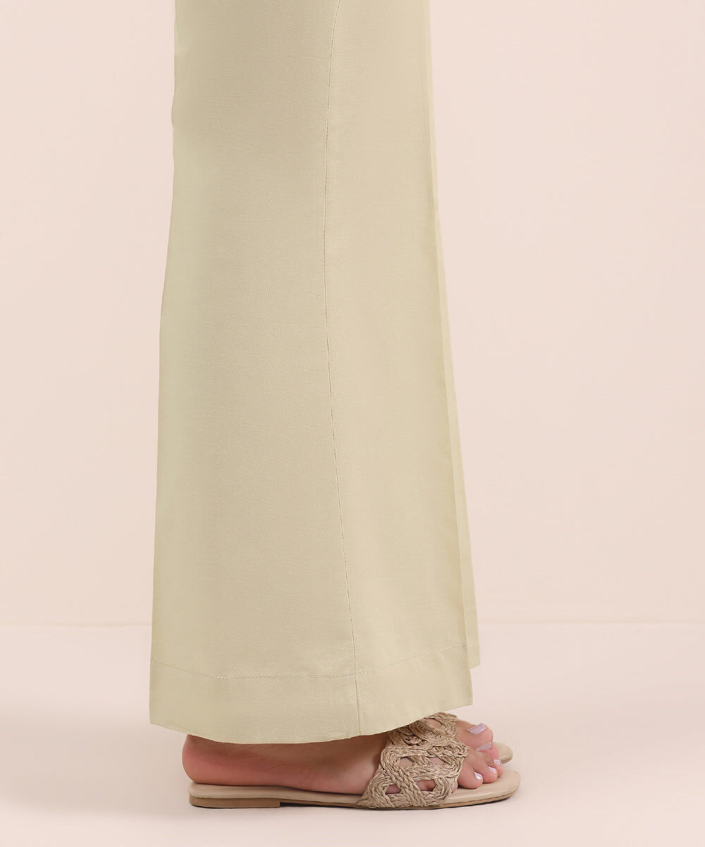 Woman - Beige Solid Cambric Boot-Cut Pants