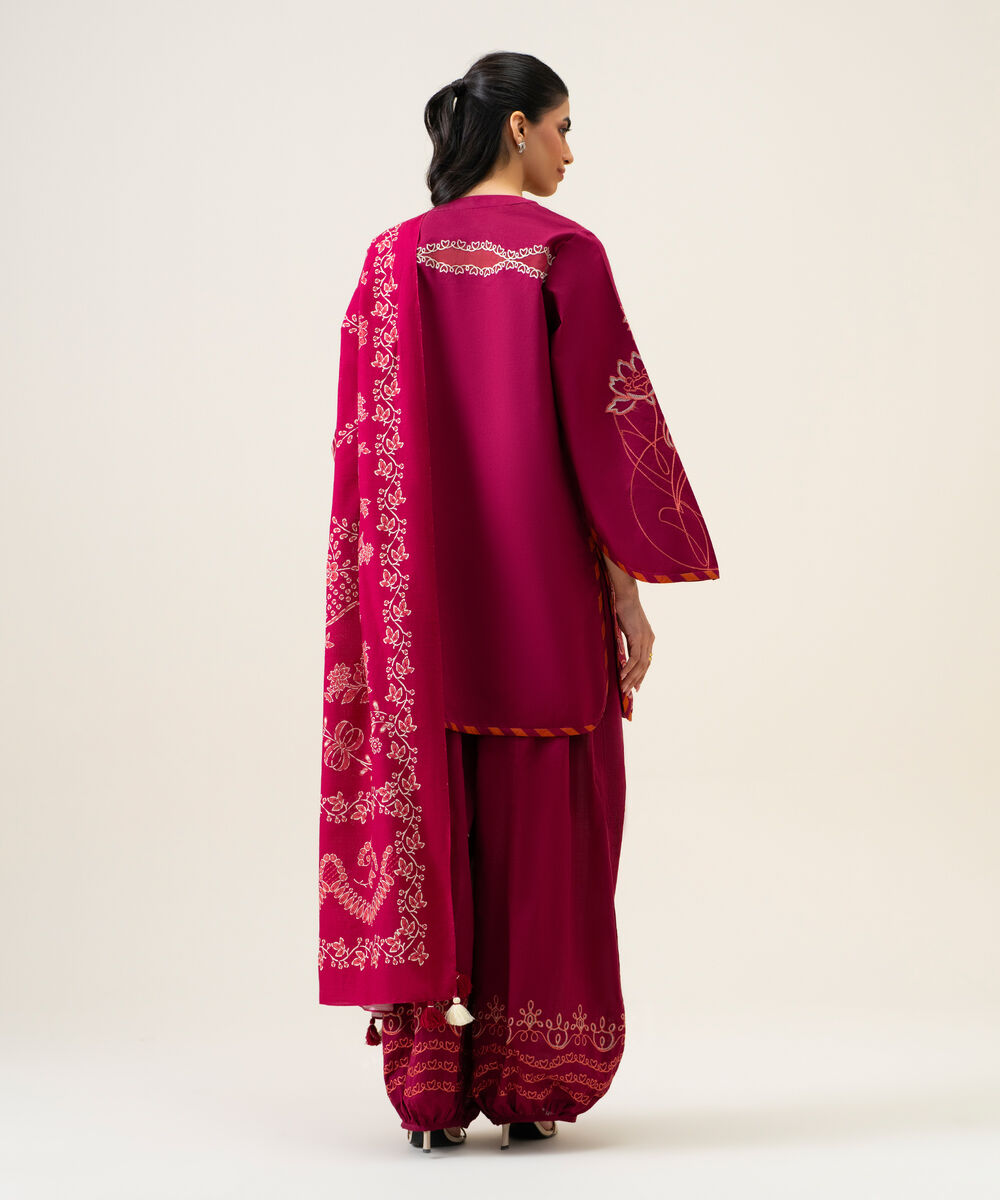 Women's Unstitched Textured Cotton Embroidered Magenta 3 Piece Suit