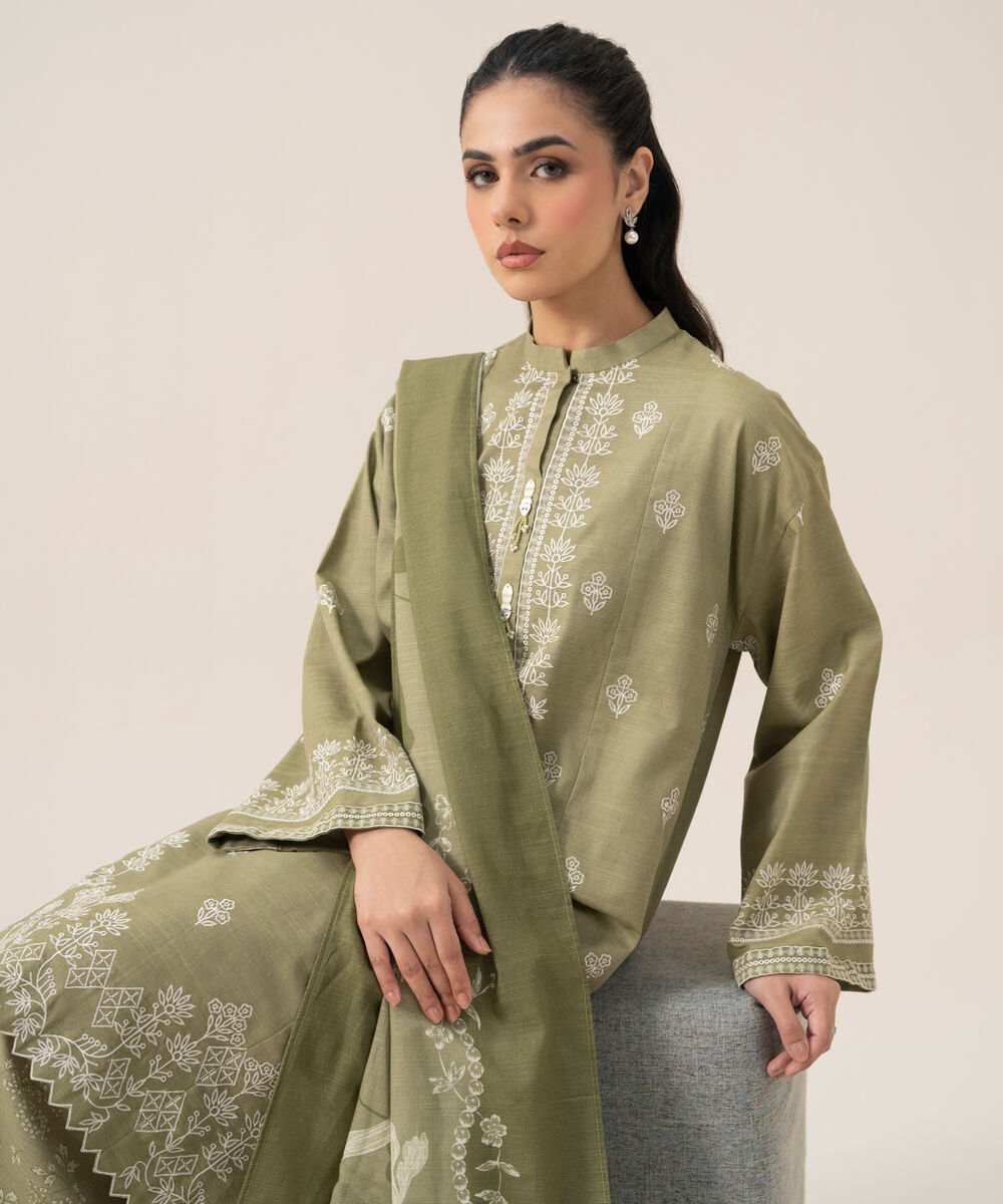 Women's Unstitched Cotton Embroidered Light Green 3 Piece Suit