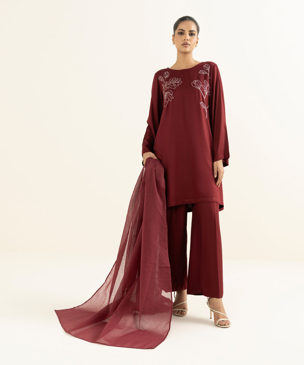 Textured Karandi Solid Maroon Dupatta