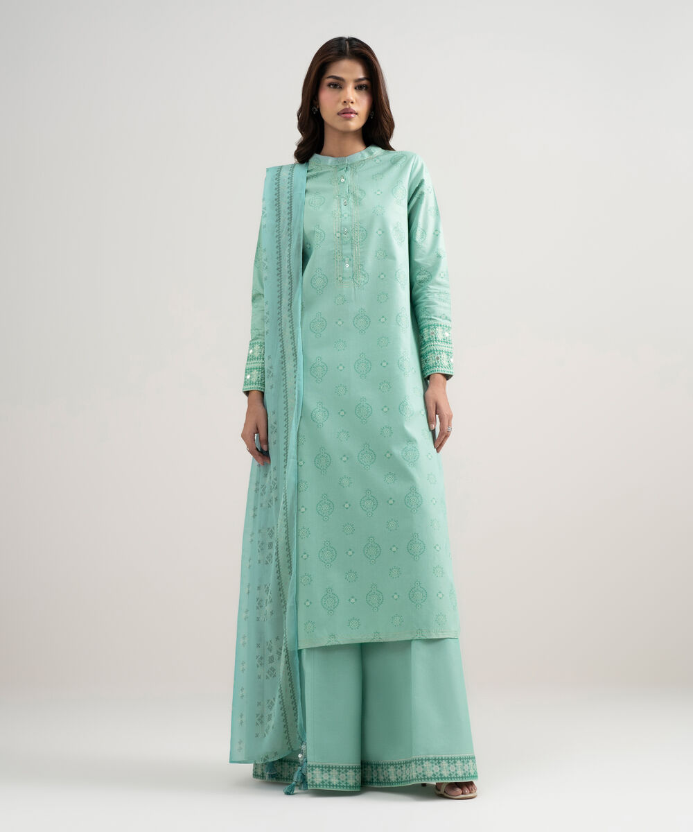 Women's Unstitched Zari Lawn Printed Green 3 Piece Suit