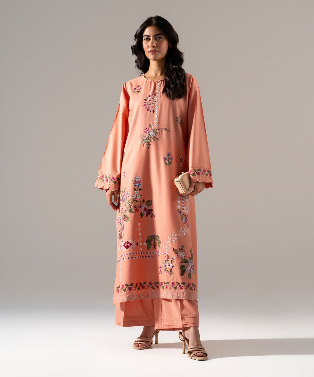 Women's RTW Solid Embroidered Peach Cotton Viscose Shirt