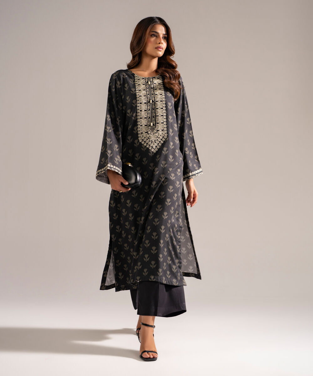 Women's RTW Self Jacquard Embroidered Black 2 Piece Suit