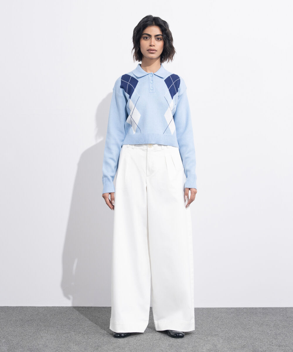 Women's Western Wear Light Blue Polo Sweater