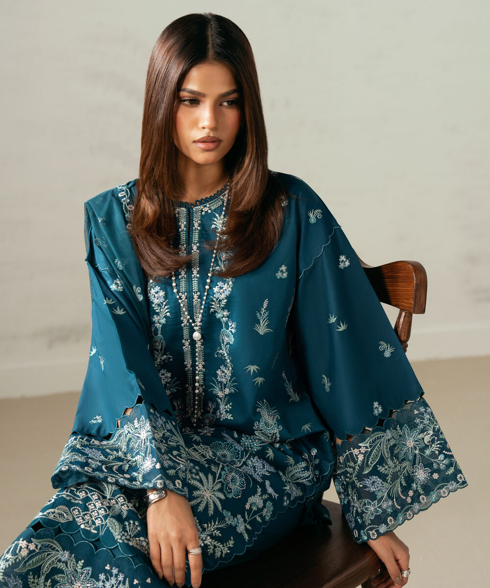 Women's Unstitched Fine Cotton Satin Embroidered Blue 3 Piece Suit