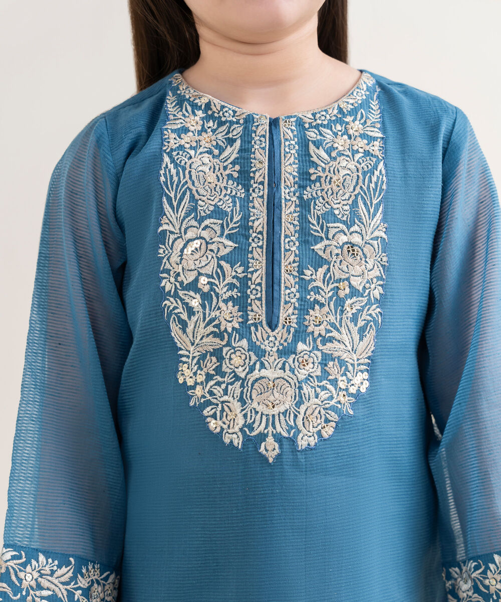 Girl's Blended Textured Karandi Embroidered Blue Three Piece Suit
