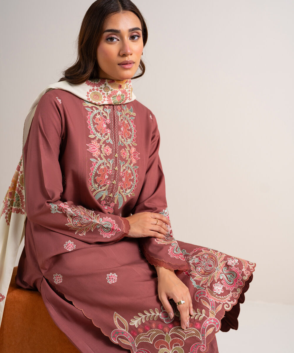 Women's Unstitched Embroidered Linen Tea Pink 3 Piece Suit