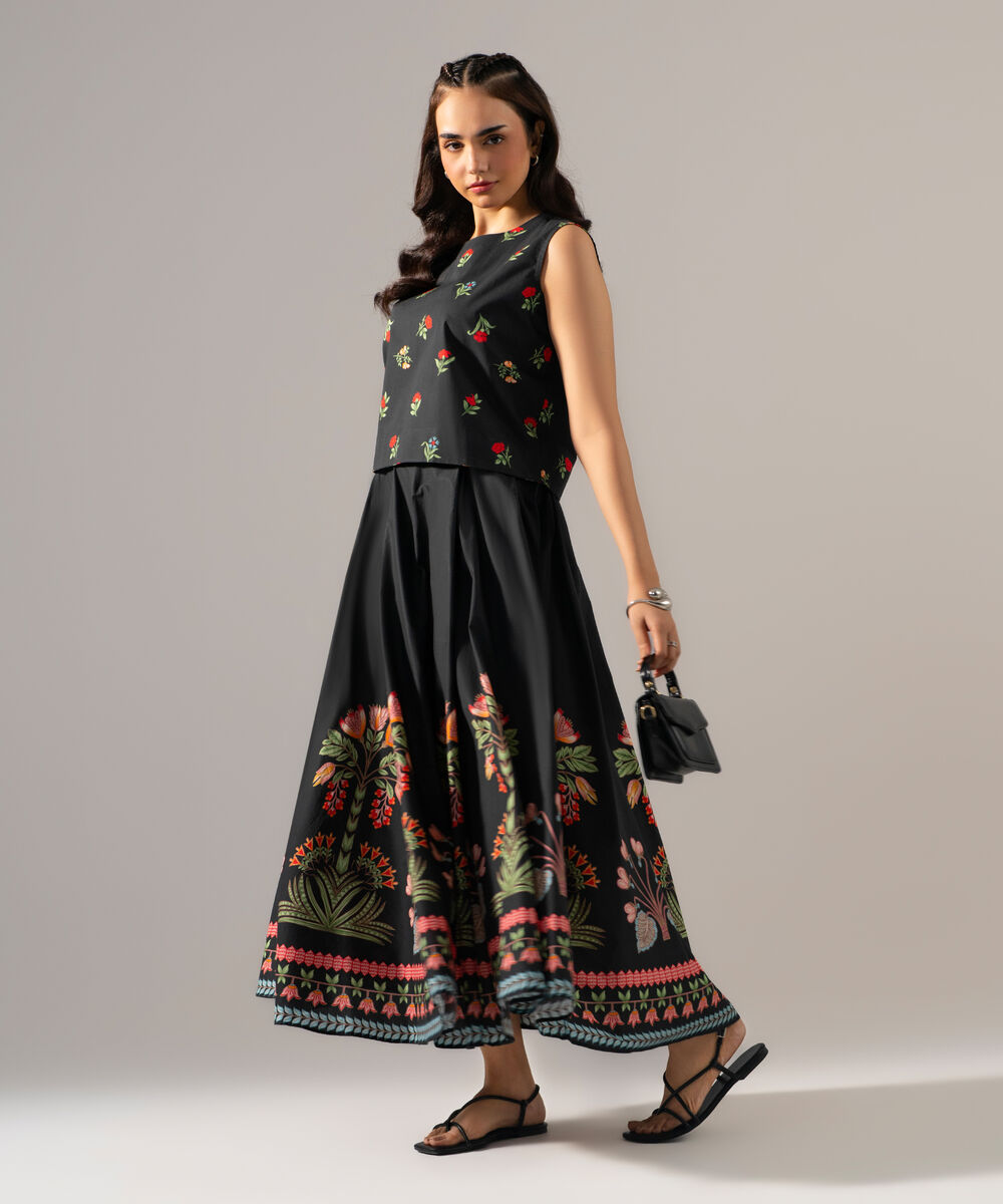 Women's RTW Poplin Printed Black Top