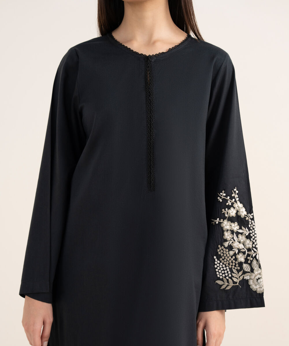 Women's RTW Lawn Viscose Black Embroidered A-Line Shirt