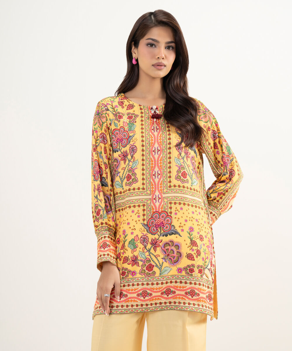 Women's RTW Premium Visocose Satin Printed Yellow 2 Piece Suit