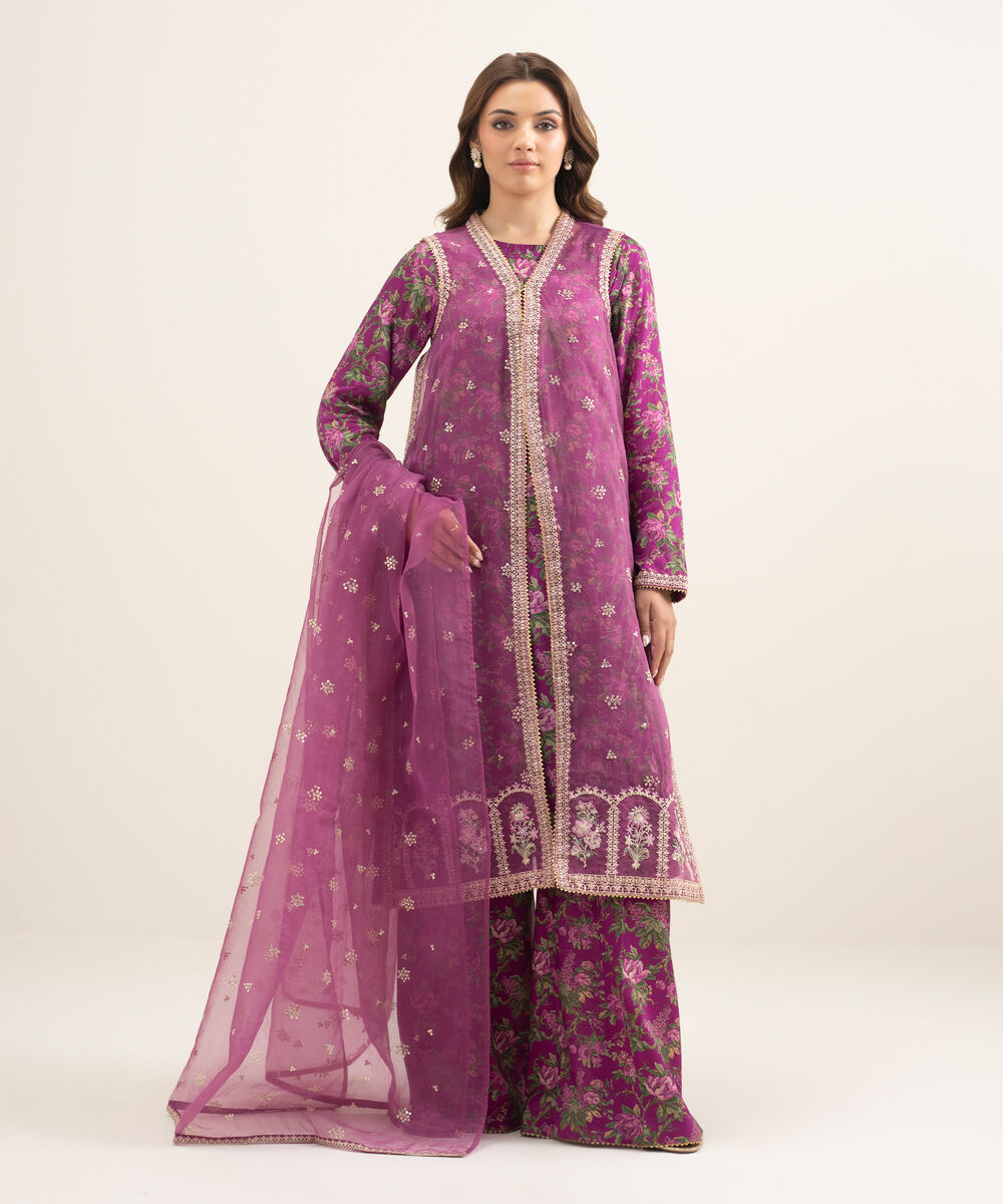 Women's RTW Blended Organza Embroidered Purple 3 Piece Suit