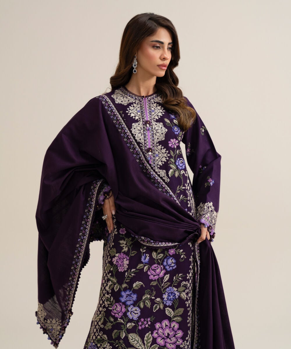 Women's Unstitched Basic Khaddar Embroidered Purple 3 Piece Suit