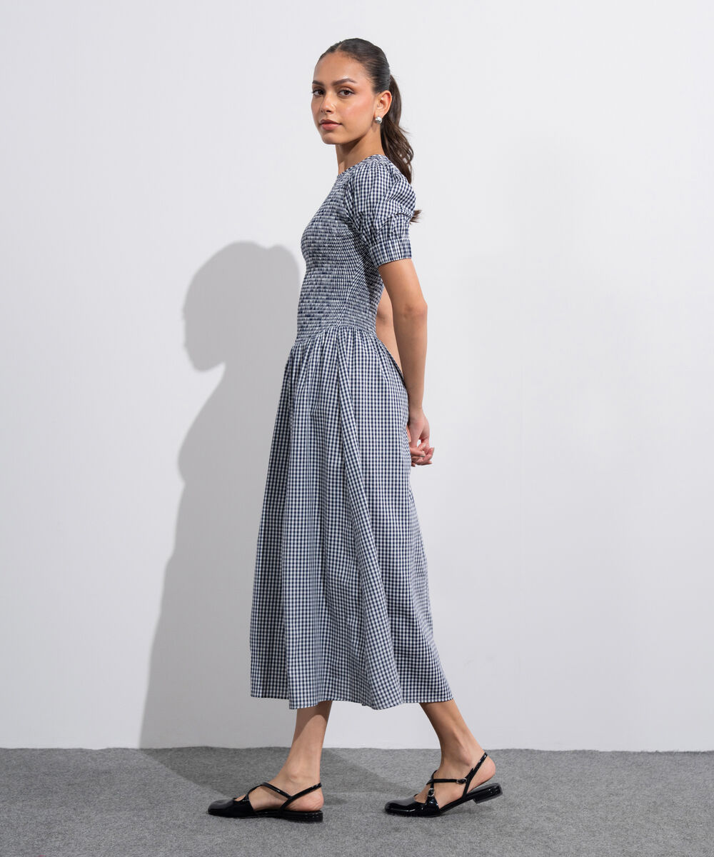 Women's Western Blue And White Smocked Gingham Dress