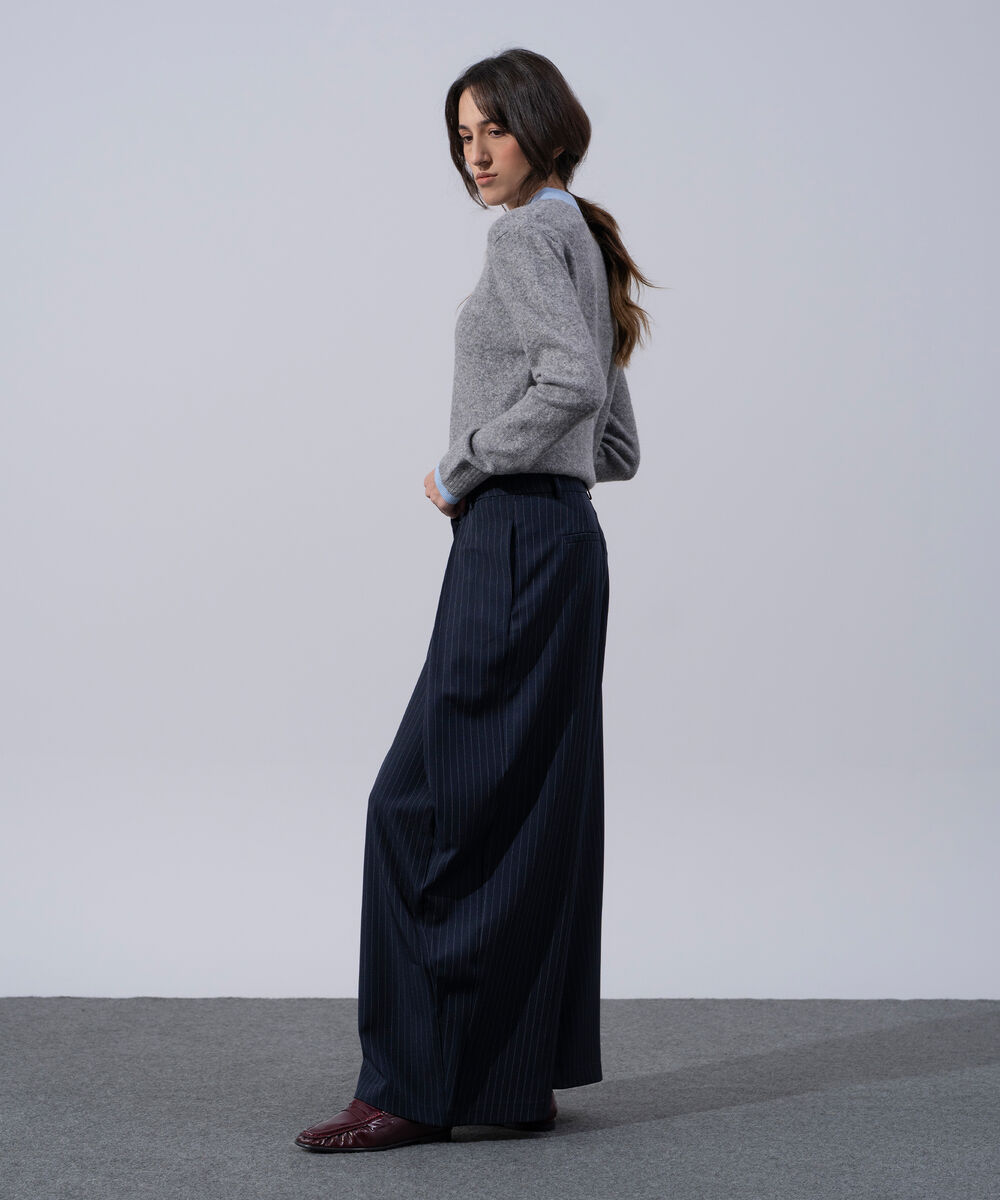 Women's Western Wear Navy Blue Polyester Pleated Wide Leg Trousers