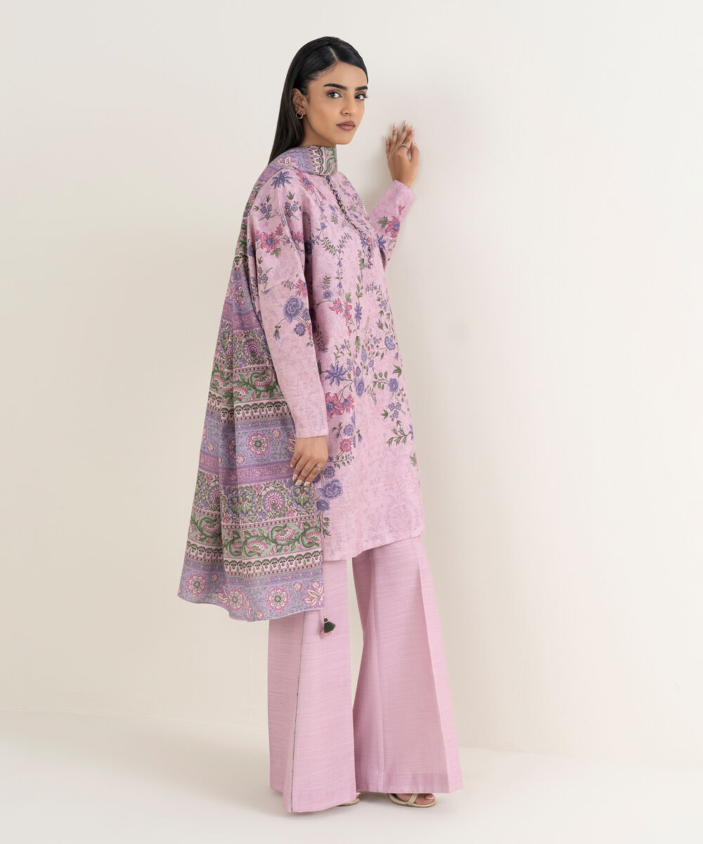 Women's Unstitched Printed Khaddar Purple 3 Piece Suit