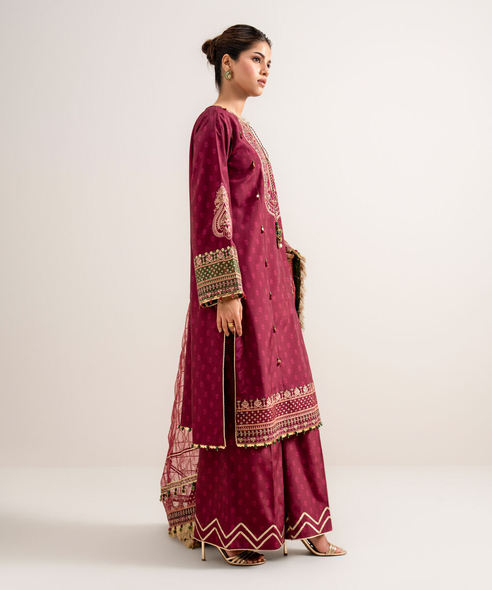 Women's Unstitched Printed Blended Grip Silk Plum 3 Piece Suit