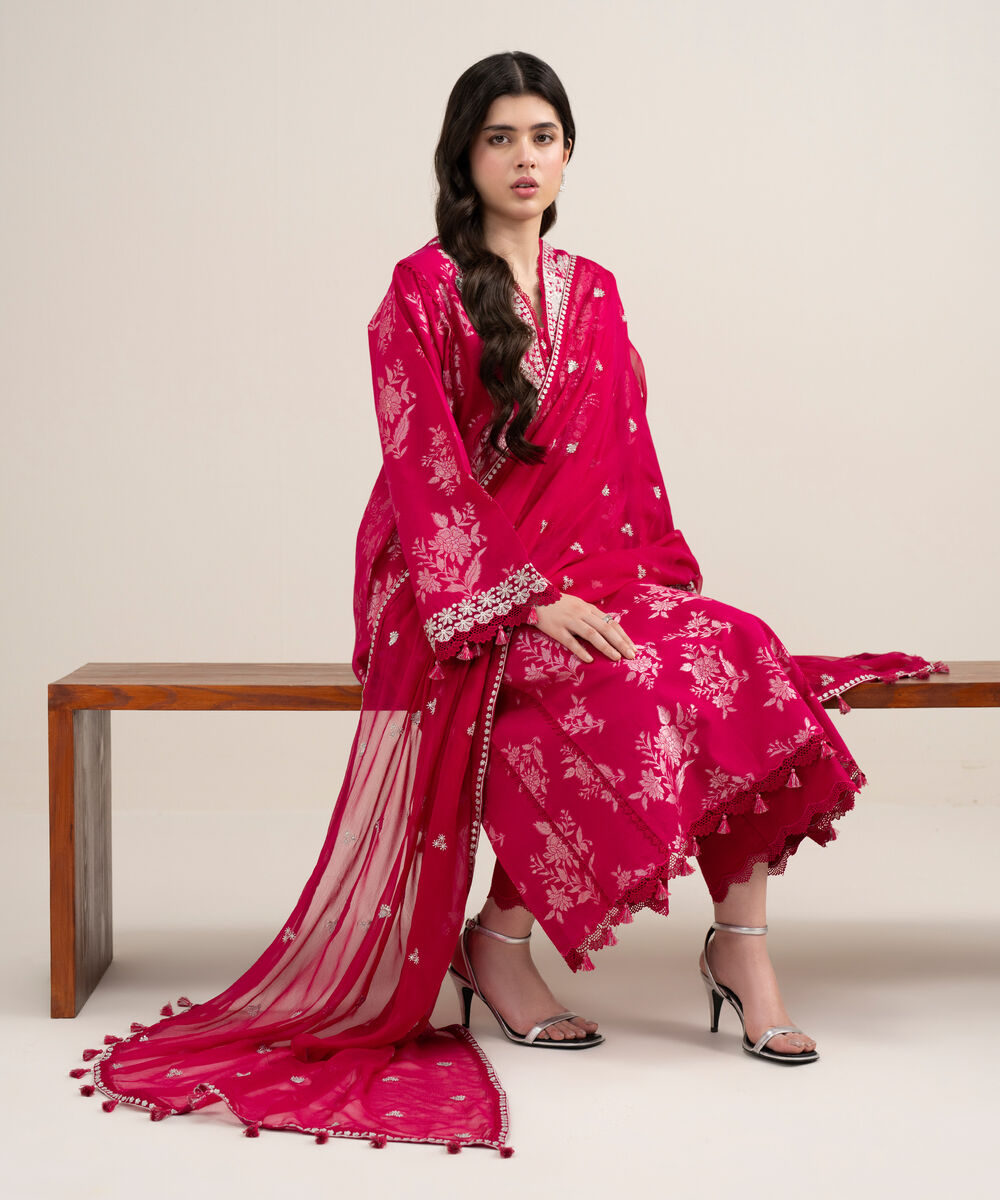 Women's Unstitched Extra Weft Jacquard Embroidered Pink 3 Piece Suit
