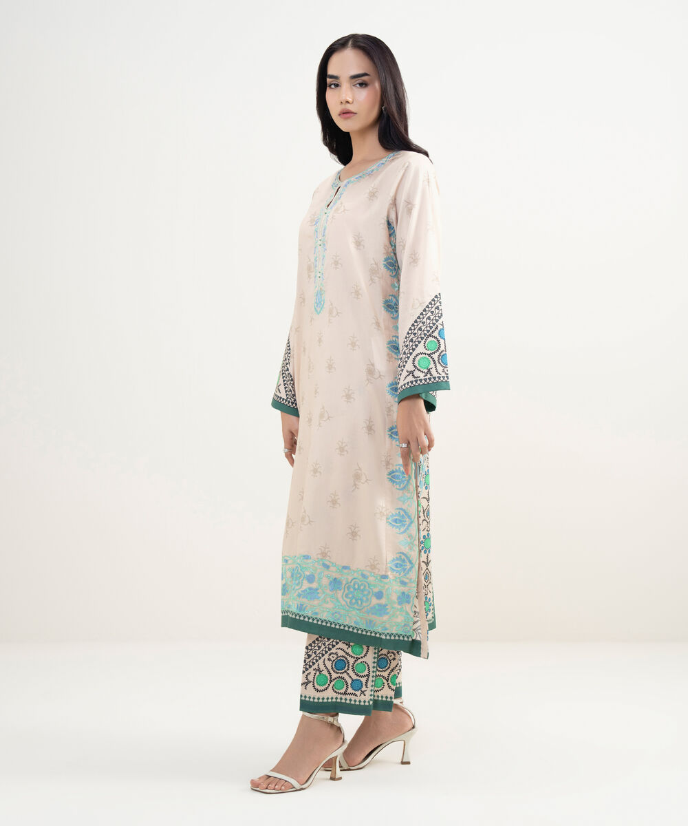 Women's RTW Cotton Satin Embroidered Off White A-Line Shirt