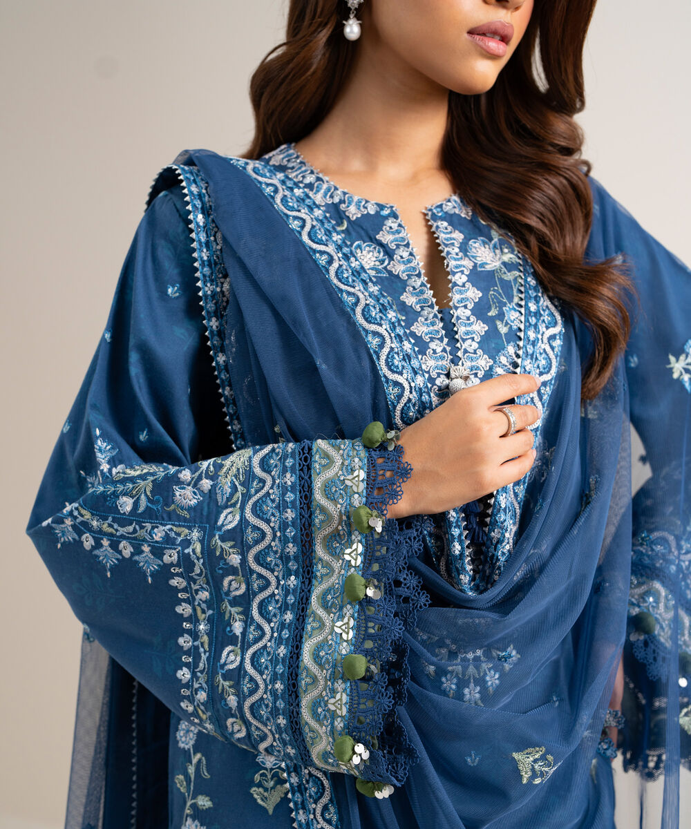 Women's Unstitched Fine Cotton Satin Embroidered Blue