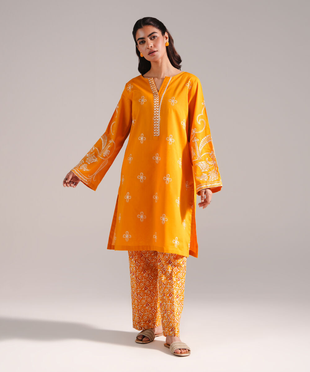 Women's RTW Crosshatch Embroidered Orange Straight Shirt