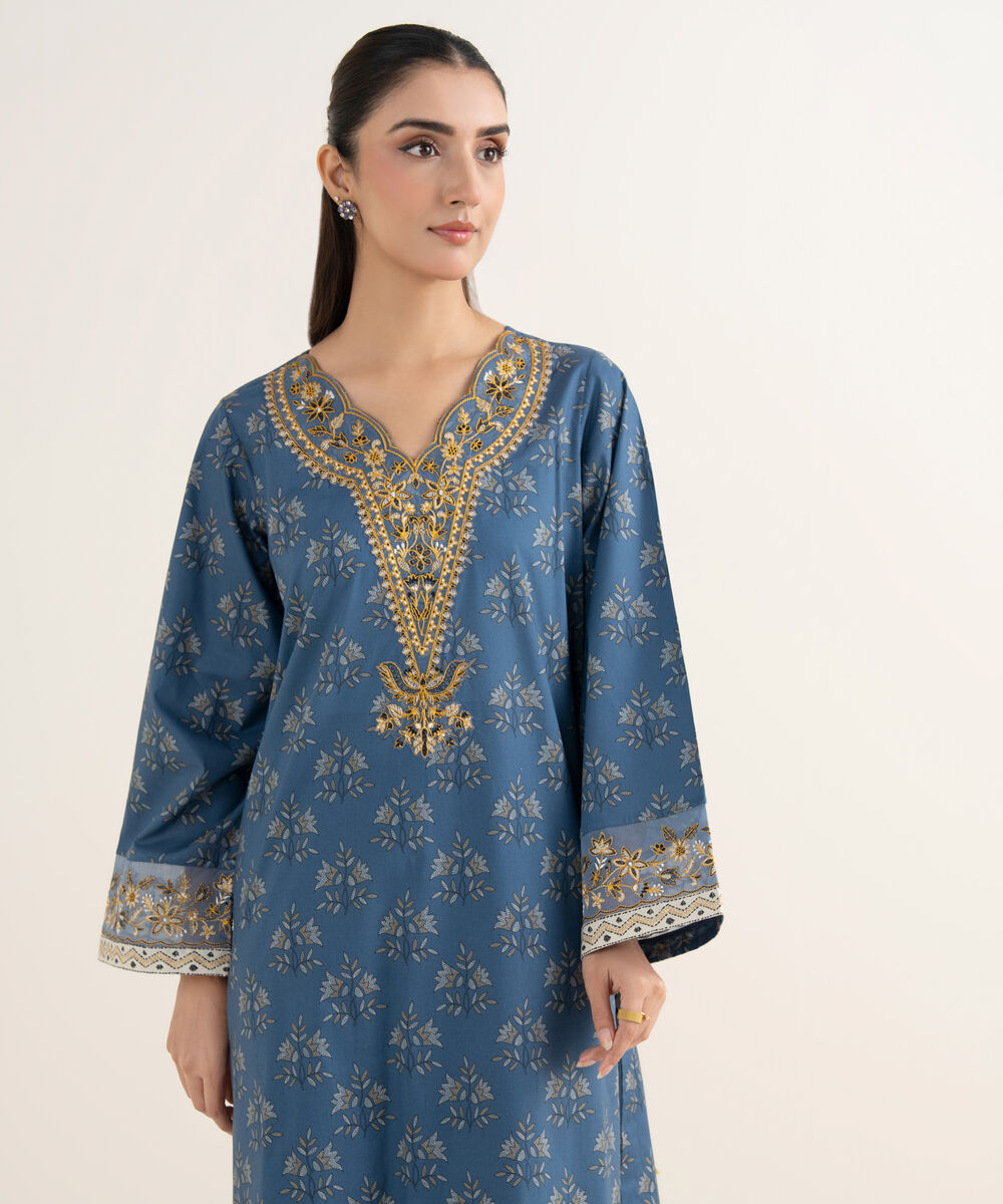 Women's RTW Arabic Khaddar Embroidered Blue Shirt
