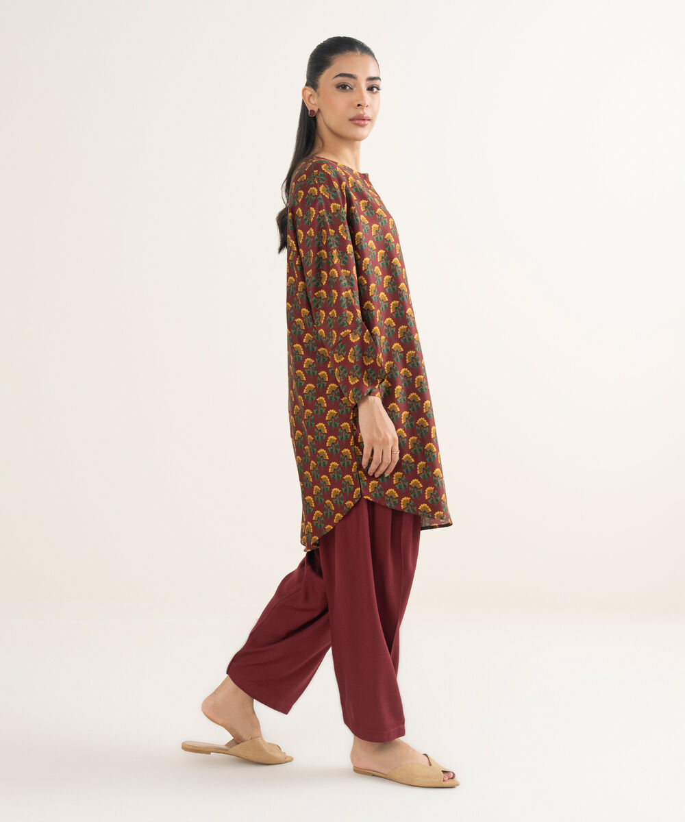 Women's RTW Bedford Printed Maroon Boxy Shirt