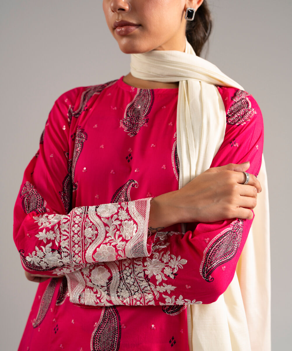Women's RTW Lawn Embroidered Pink 3 Piece Suit