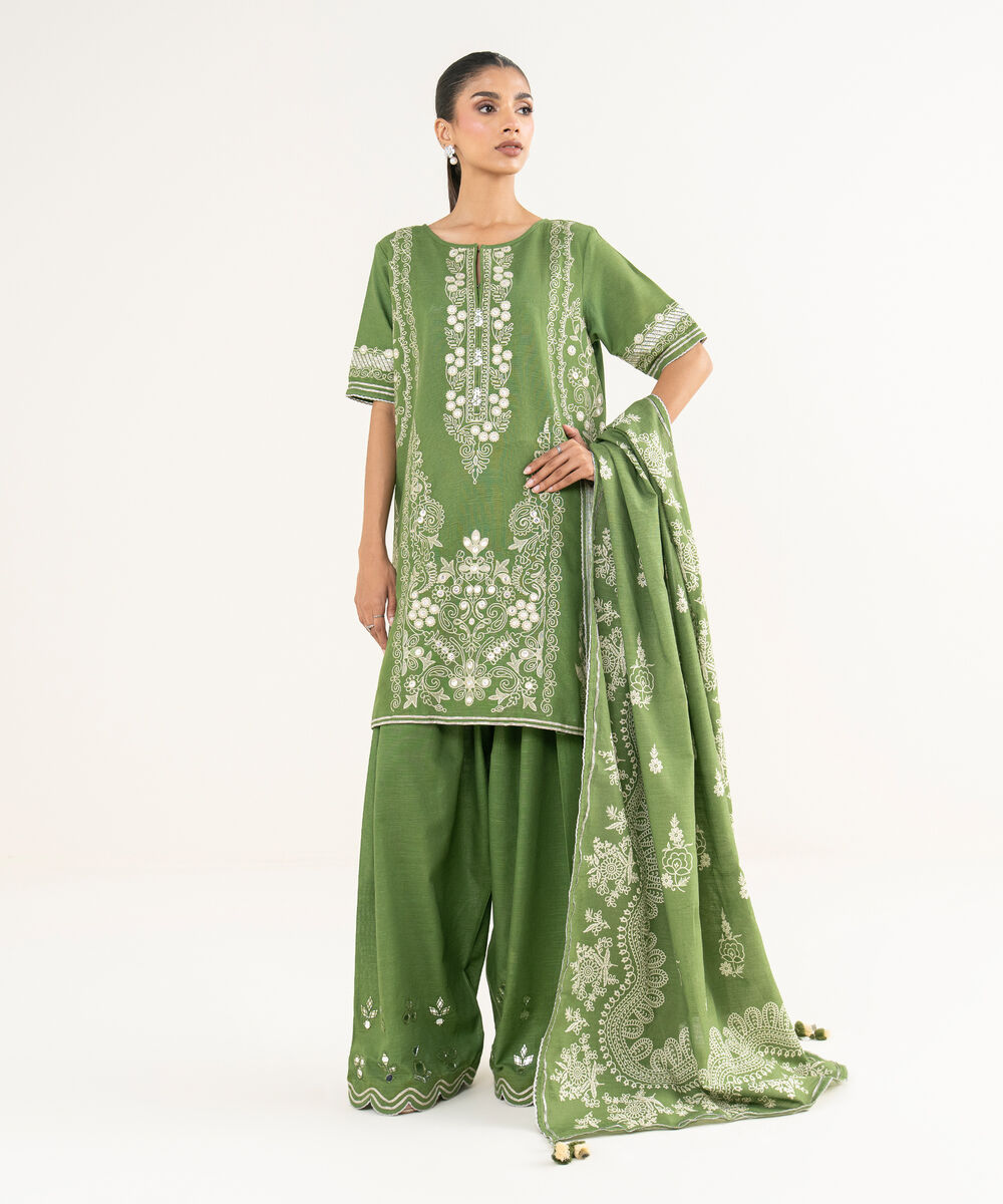 Women's Unstitched Cotton Embroidered Green 3 Piece Suit