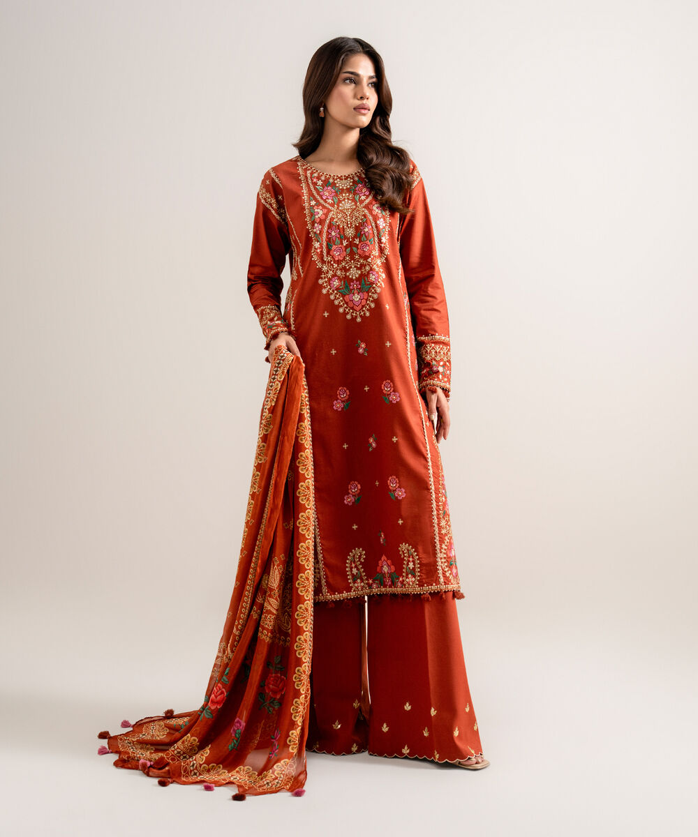 Women's Unstitched Embroidered Cotton Viscose Maroon 3 Piece Suit