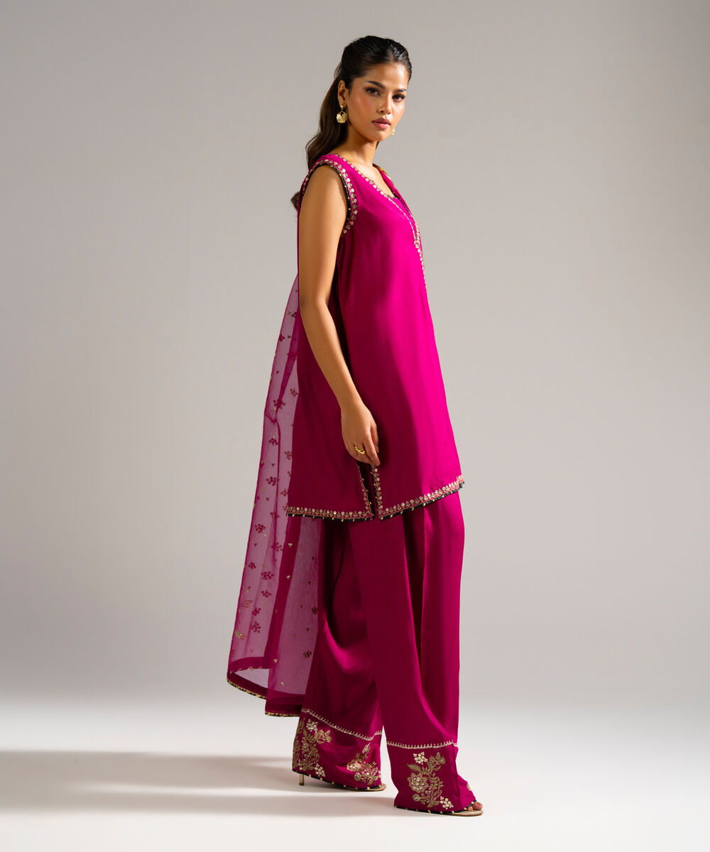 Women's RTW Raw Silk Embroidered Plum 3 Piece Suit