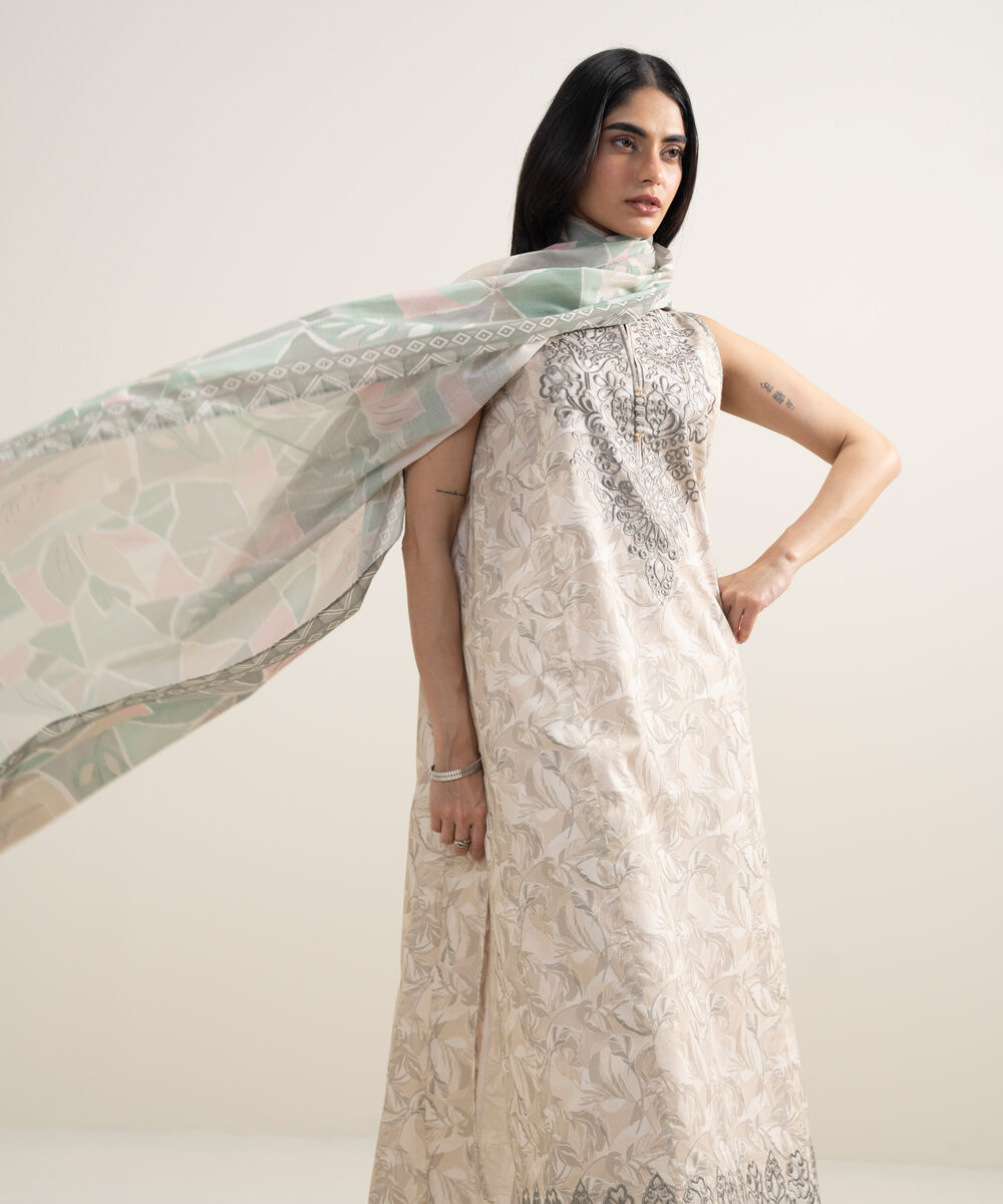 Women's Unstitched Lawn Embroidered Light Beige 3 Piece Suit