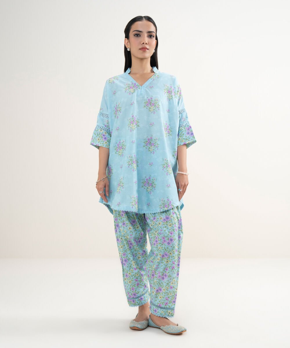 Women's RTW Lawn Printed Blue Drop Shoulder Shirt