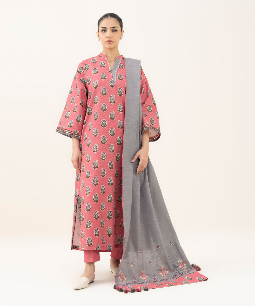 Women's Unstitched Printed Khaddar Pink 3 Piece Suit