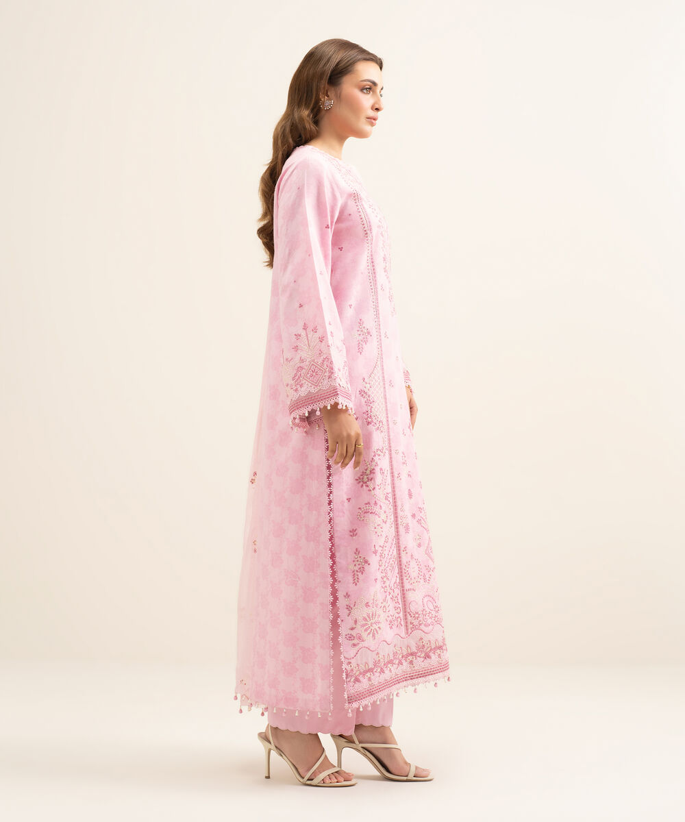 Women's Unstitched Cotton Jacquard Embroidered Pink 3 Piece Suit