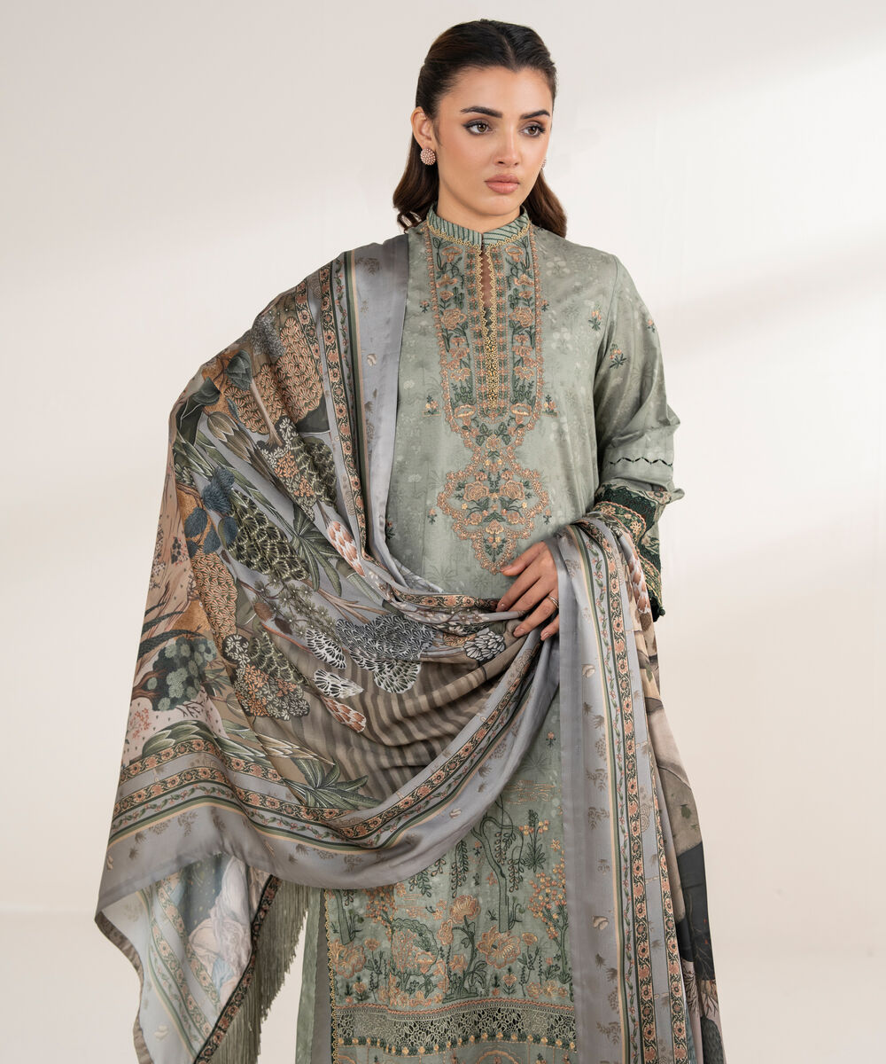 Women's Unstitched Cotton Embroidered Grey 3 Piece Suit