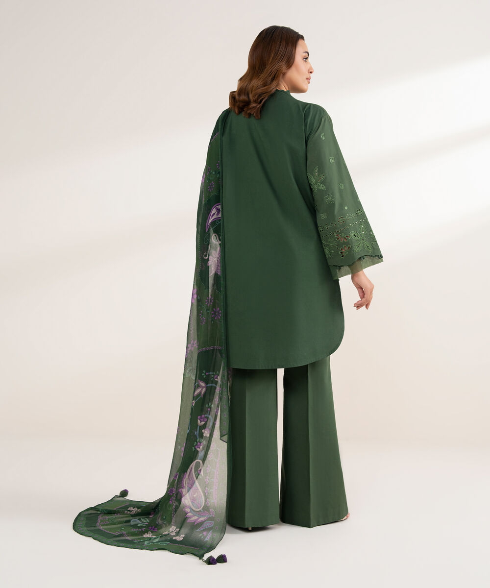 Women's Unstitched Cotton Embroidered Green 3 Piece Suit