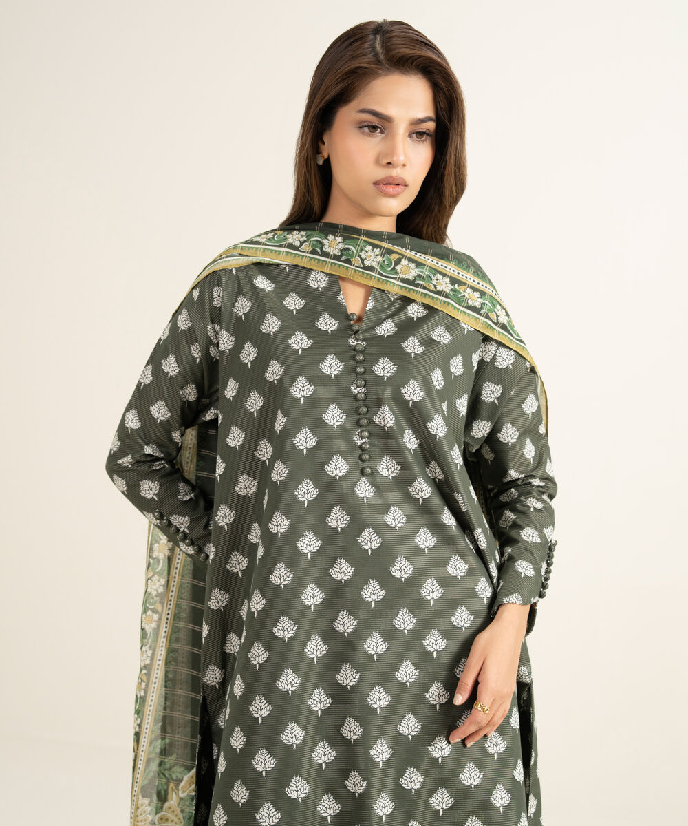 Women's Unstitched Zari Lawn Printed Brown 3 Piece Suit