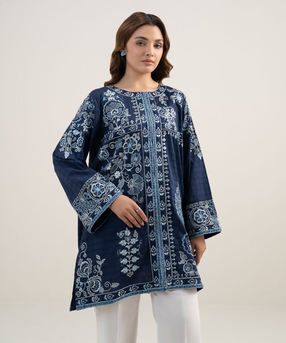Women's RTW Dobby Embroidered Dark Blue Straight Shirt