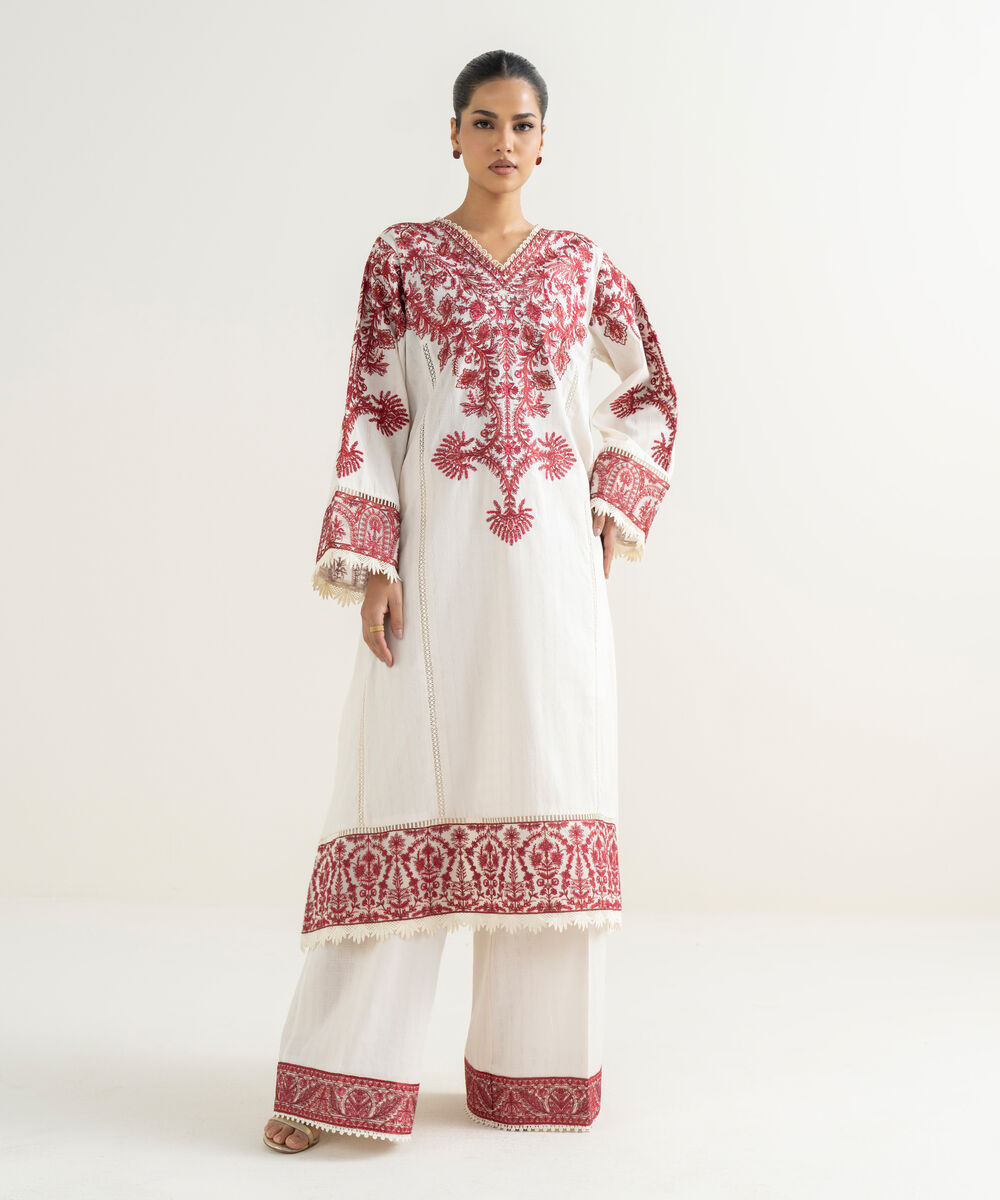 Women's RTW Textured Cotton Off White Embroidered A-Line Shirt