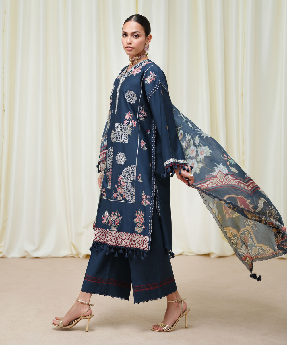 Women's Unstitched Fine Cotton Satin Embroidered Blue 3 Piece Suit