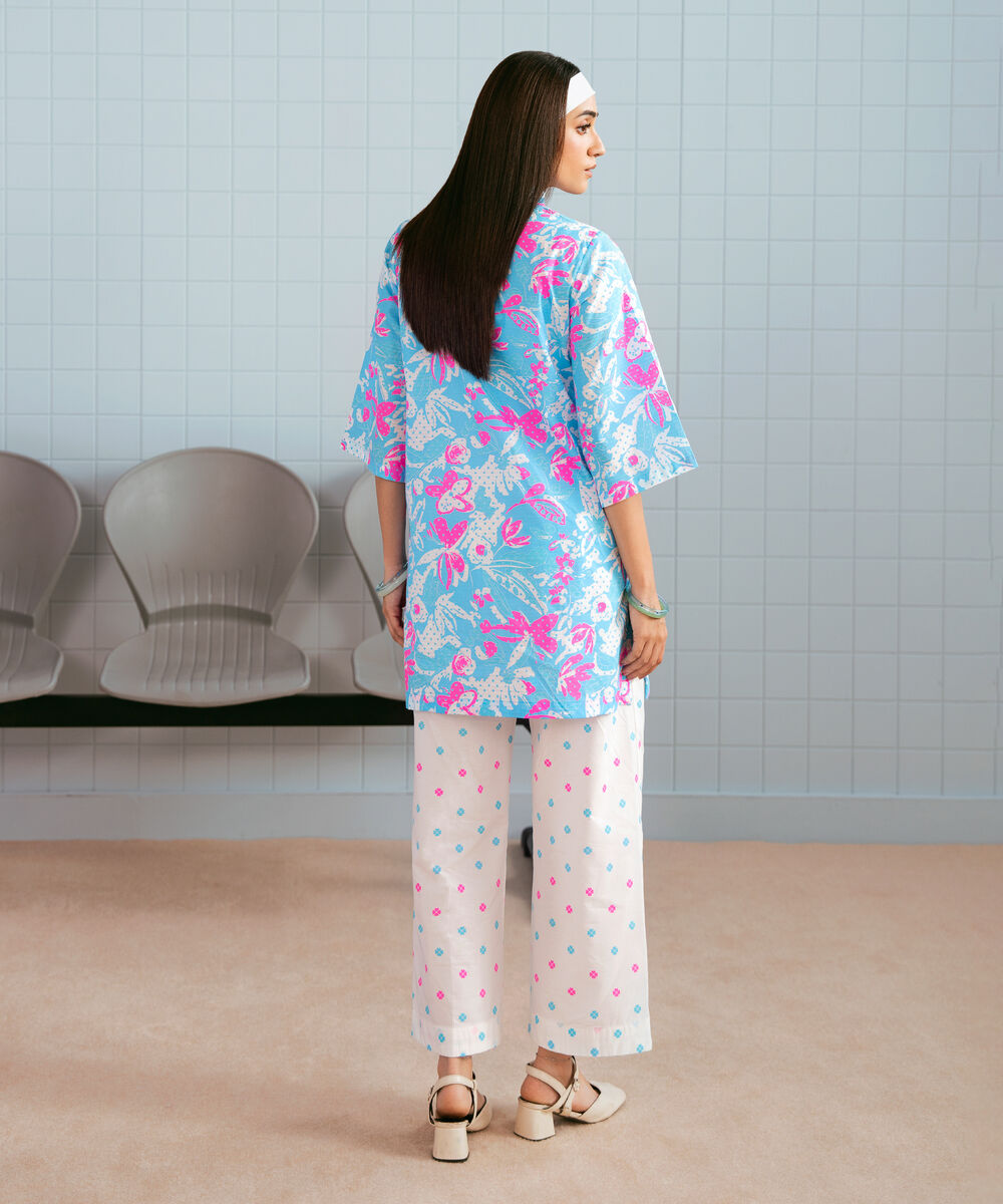 Women's RTW Dobby Printed Neon Blue 2 Piece Suit