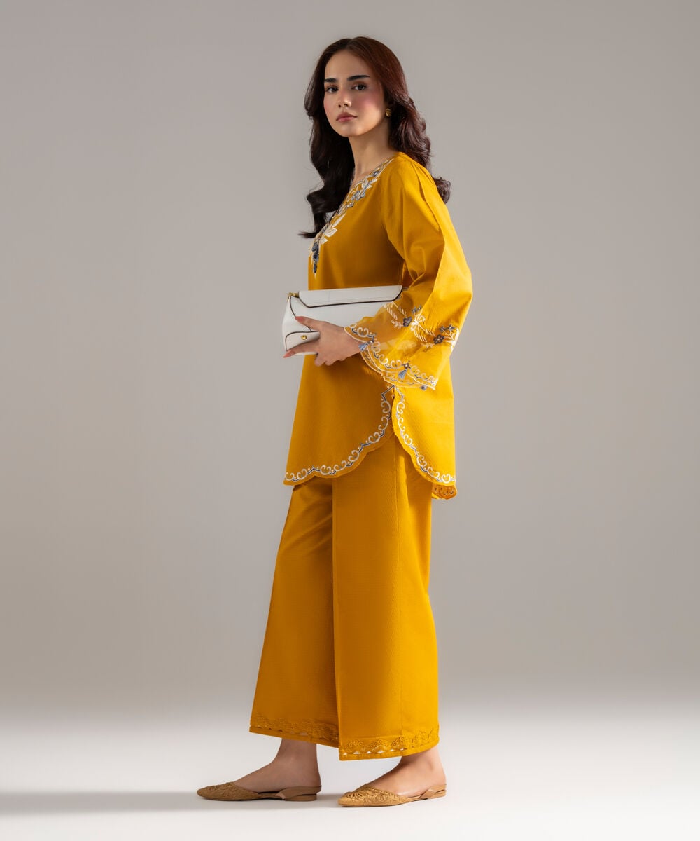 Women's RTW Dobby Solid Embroidered Mustard Yellow Straight Shirt