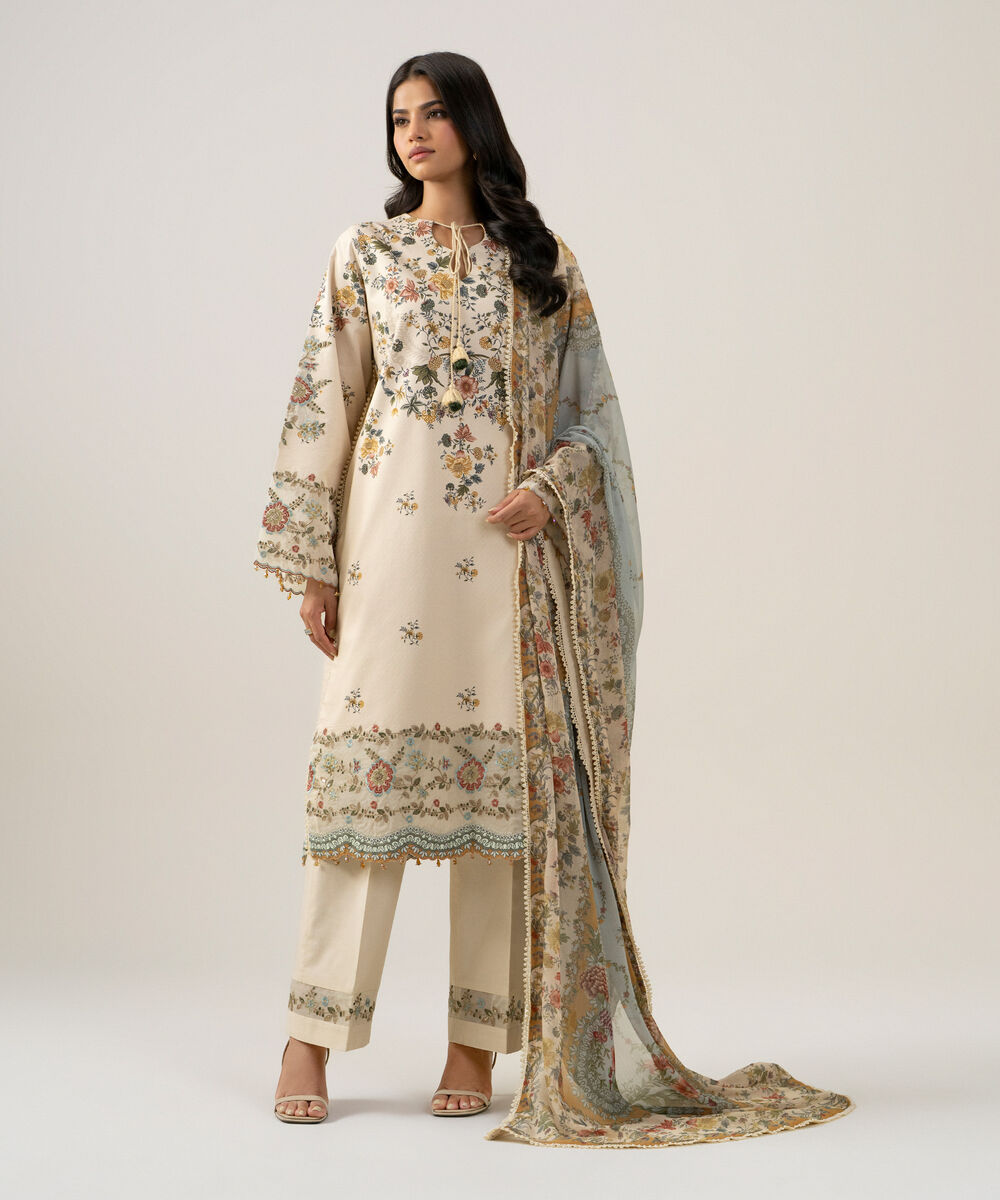 Women's Unstitched Bemberg Tissue Printed Light Beige 3 Piece Suit