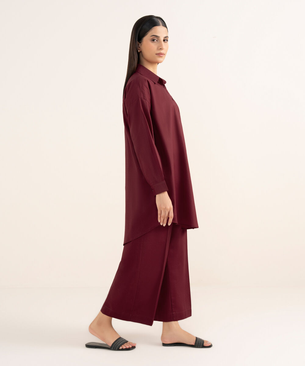 Women's RTW Textured Lawn Maroon Solid Button Down Shirt