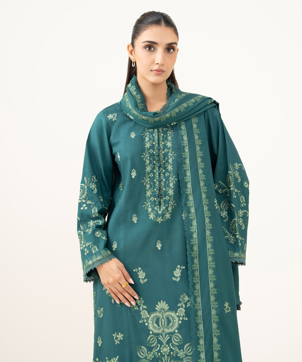 Women's Unstitched Embroidered Linen Teal Green 3 Piece Suit